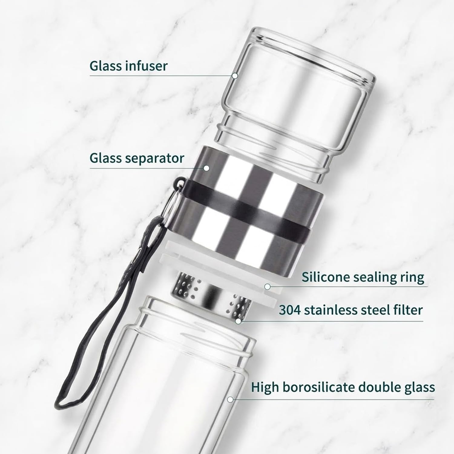 Glass Water Bottle with Stainless Steel Lid & Carry Strap | Reusable Travel & Gym Bottle