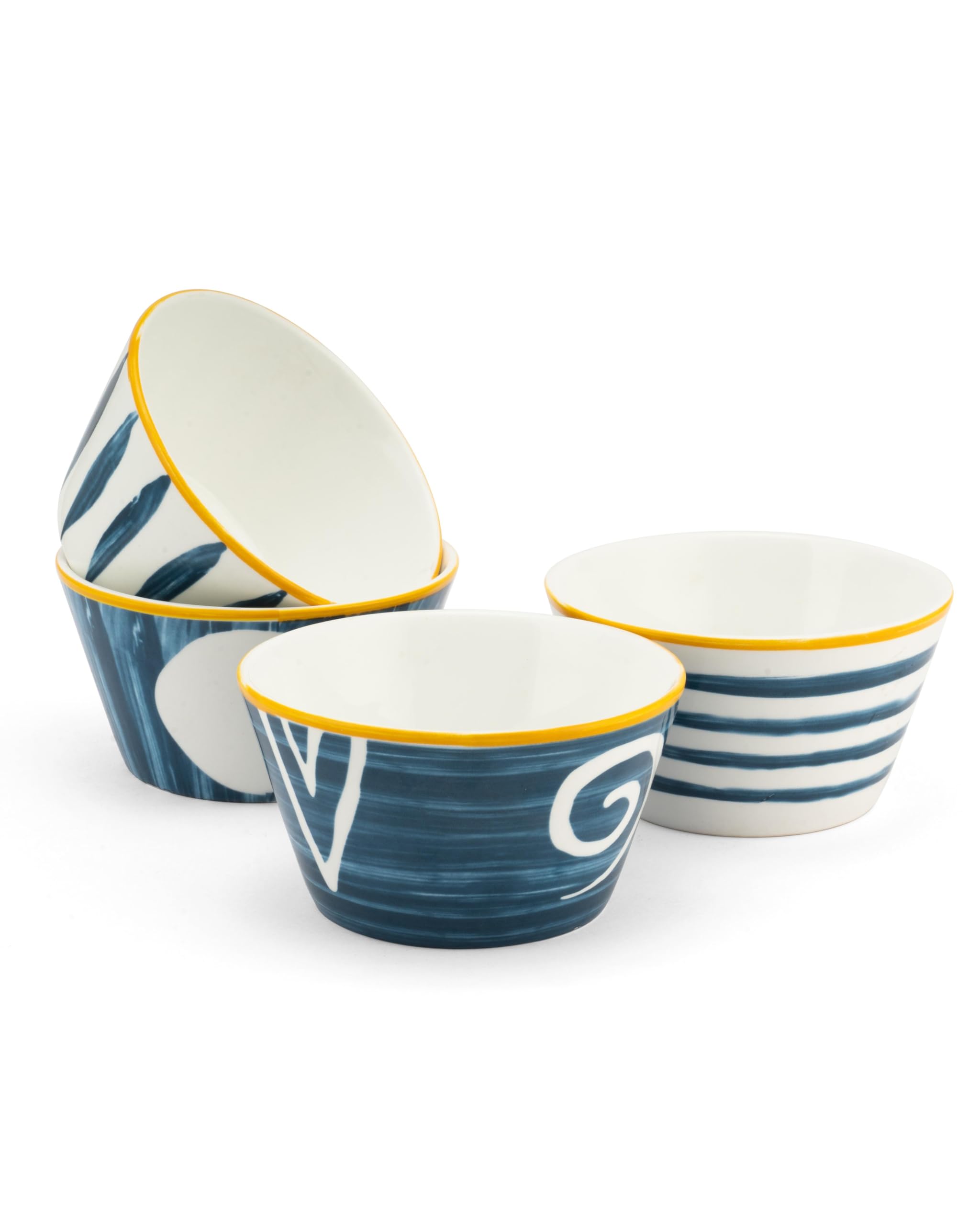Indigo Charm Ceramic Bowls – Set of 4 | Handcrafted Blue & White Serving Bowls with Golden Rim