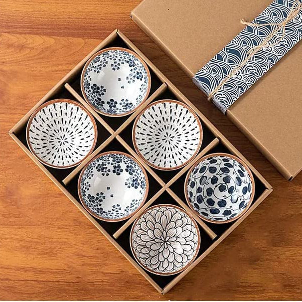 Monochrome Charm Ceramic Bowls – Set of 6 | Elegant Hand-Painted Snack Bowls in Gift Box