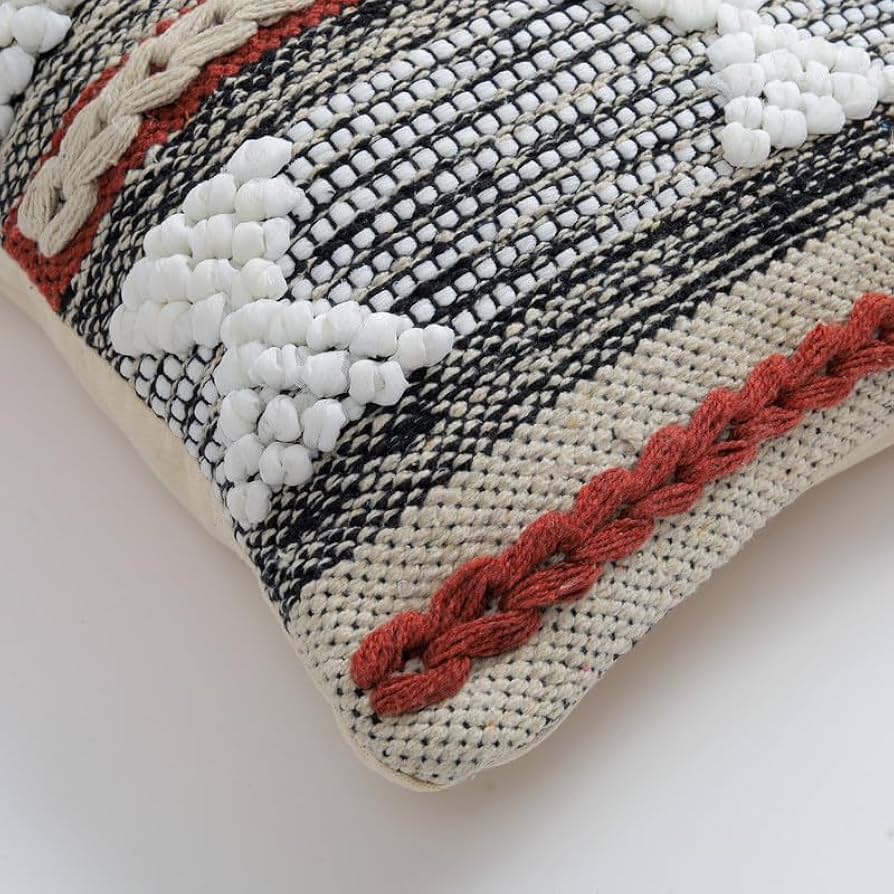 Boho Tribal Textured Cushion Cover Set – Black, White & Rust Tufted Decorative Throw Pillows Cover Set for Sofa, Living Room & Bedroom (Pack of 2)