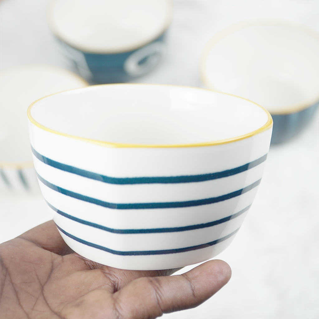 Modern Ceramic Bowl Set – Blue & White Designer Snack Bowls | Multipurpose Serving Bowls (Set of 4)
