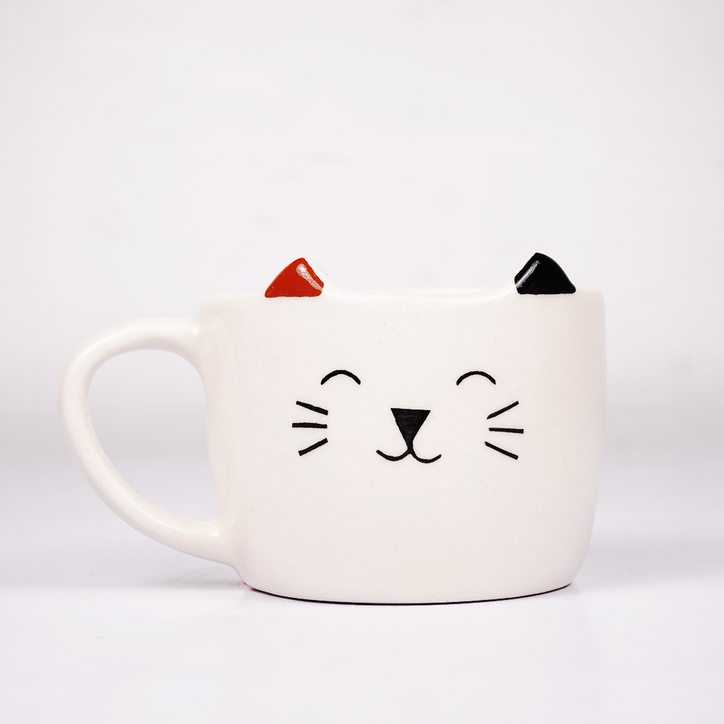 Cat Ceramic Coffee Mug with Cat Face & Ear Design, Adorable White Tea Cup