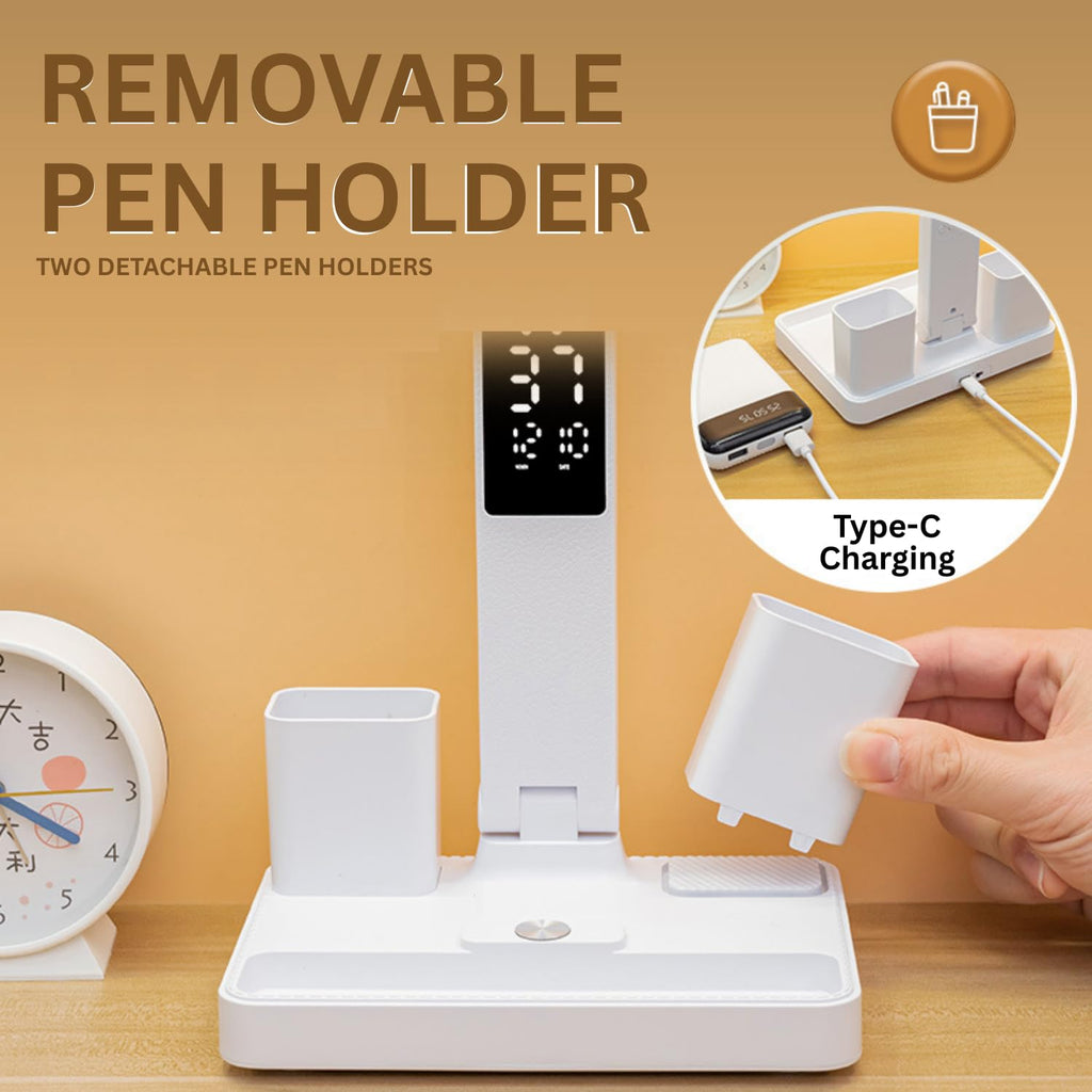 LED Desk Lamp with Clock & Pen Holder