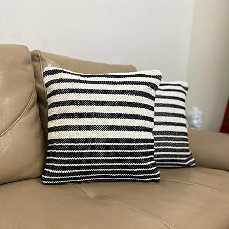 Black & White Striped Cushion Cover Set – Modern Woven Decorative Throw Pillows Cover Set for Sofa, Living Room & Bedroom (Pack of 2)
