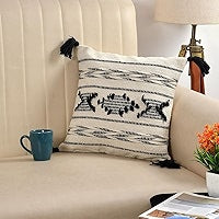 Boho Black & Cream Tribal Cushion Cover Set – Textured Woven Decorative Throw Pillows Cover Set with Tassels for Sofa, Living Room & Bedroom (Pack of 2)