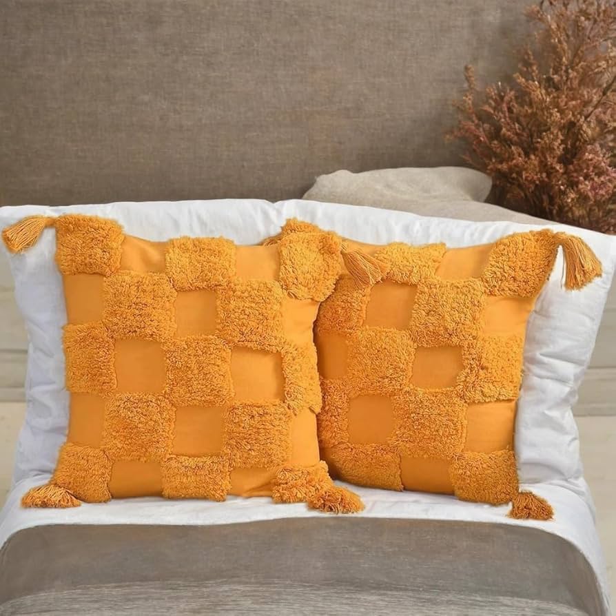 Mustard Boho Textured Cushion Cover Set – Tufted Decorative Throw Pillows with Tassels for Sofa, Living Room & Bedroom (Pack of 2)