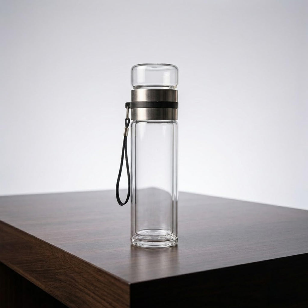 Glass Water Bottle with Stainless Steel Lid & Carry Strap | Reusable Travel & Gym Bottle