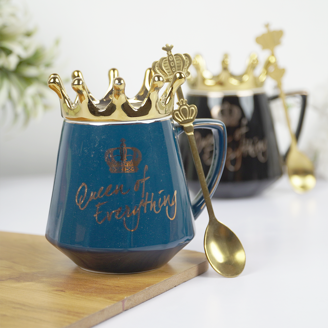 Queen of Everything Ceramic Coffee Mug with Crown Lid & Spoon | Royal Tea & Coffee Mug Set | Gift Mug for Women | (Black & Blue)