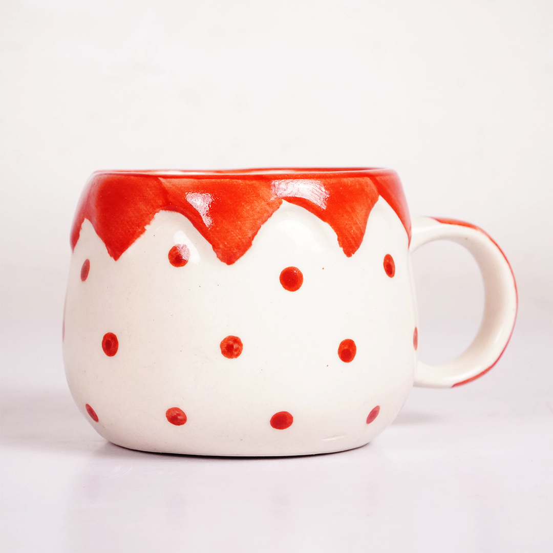 White & Red Ceramic Mug with Polka Dot & Drip Design – Cute Aesthetic Coffee Cup for Tea & Coffee