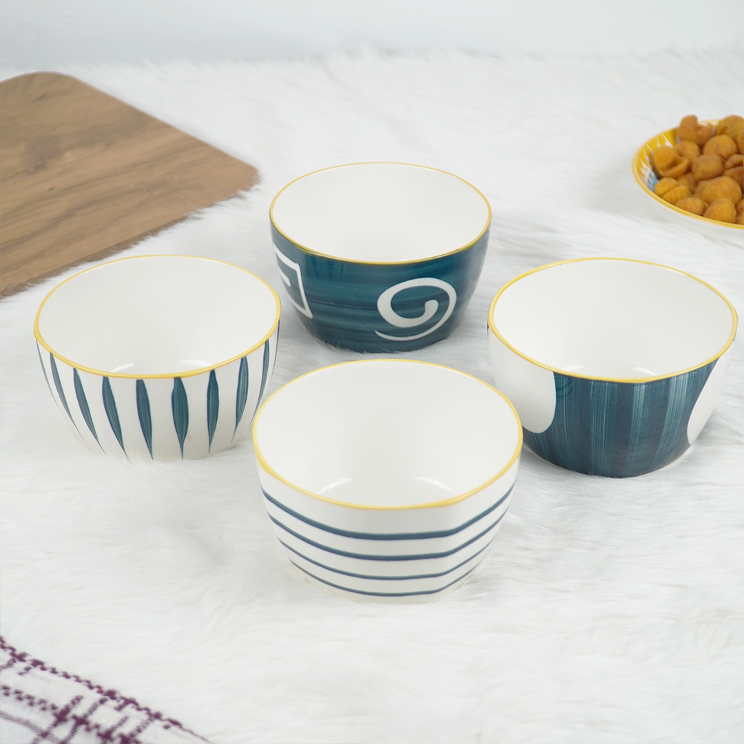 Modern Ceramic Bowl Set – Blue & White Designer Snack Bowls | Multipurpose Serving Bowls (Set of 4)