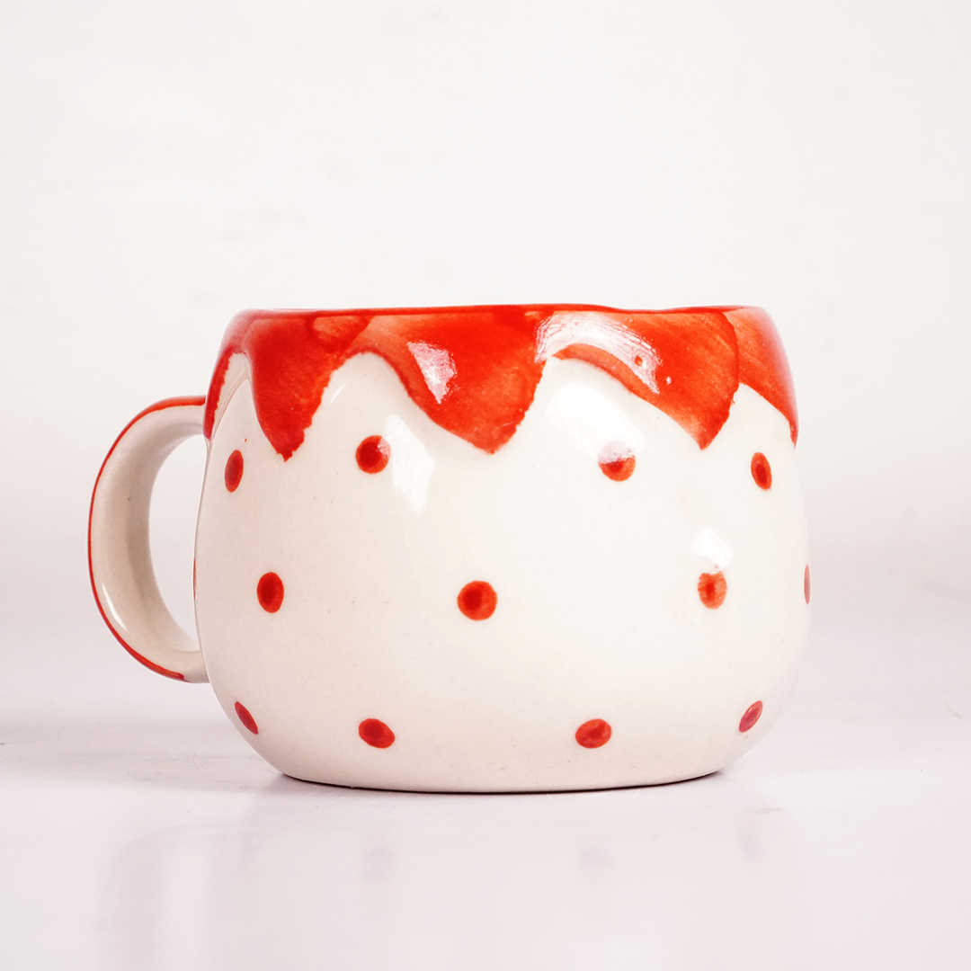 White & Red Ceramic Mug with Polka Dot & Drip Design – Cute Aesthetic Coffee Cup for Tea & Coffee