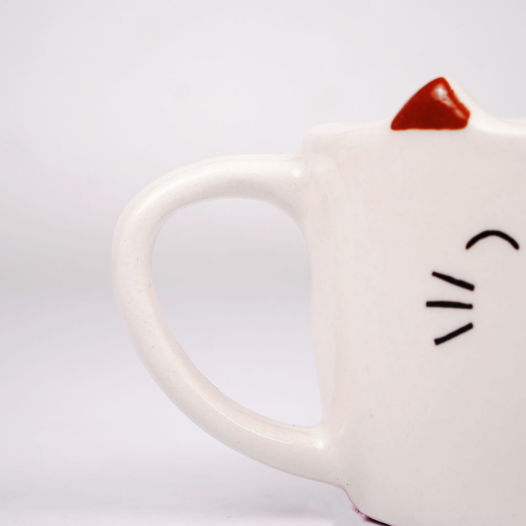 Cat Ceramic Coffee Mug with Cat Face & Ear Design, Adorable White Tea Cup