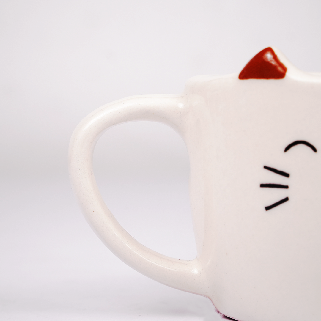 Cat Ceramic Coffee Mug with Cat Face & Ear Design, Adorable White Tea Cup