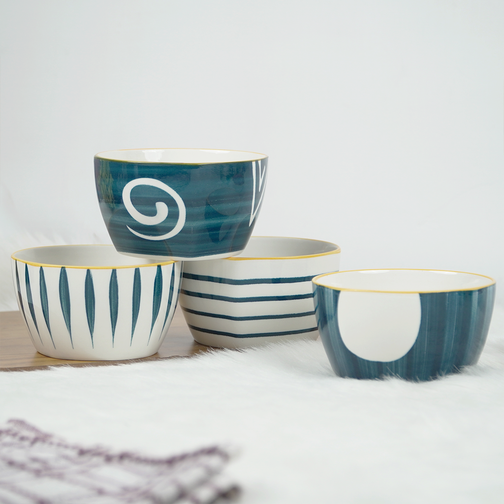 Modern Ceramic Bowl Set – Blue & White Designer Snack Bowls | Multipurpose Serving Bowls (Set of 4)