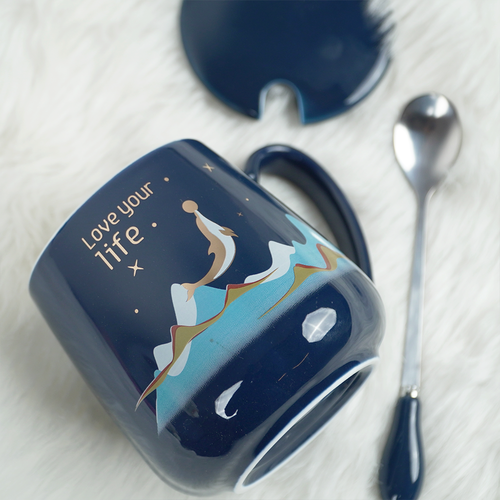 Love Your Life Ceramic Coffee Mug with Lid & Spoon | Aesthetic Tea & Coffee Mug Set | Inspirational Quote Mug | (Blue & Pink)