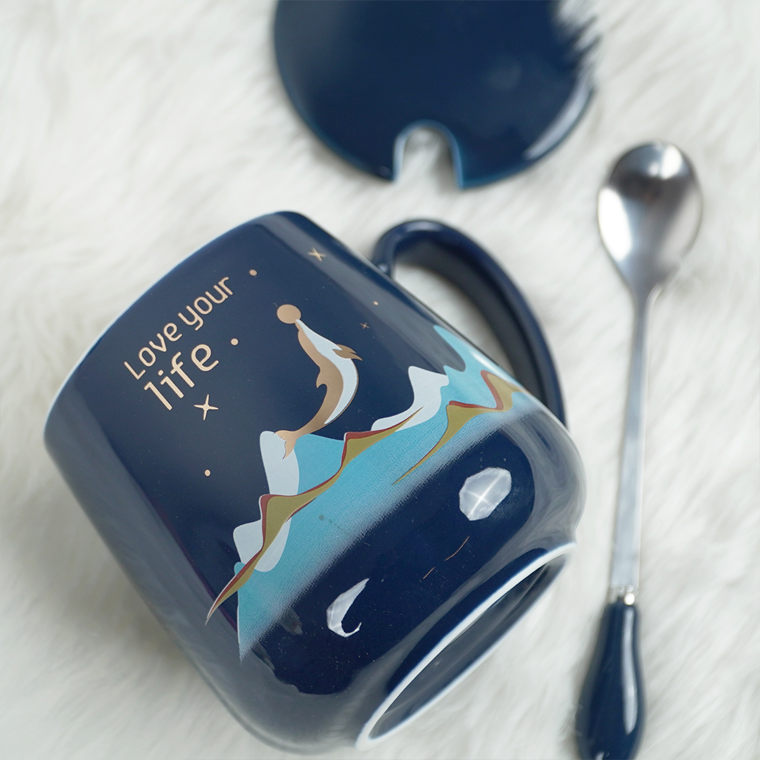 Love Your Life Ceramic Coffee Mug with Lid & Spoon | Aesthetic Tea & Coffee Mug Set | Inspirational Quote Mug | (Blue & Pink)