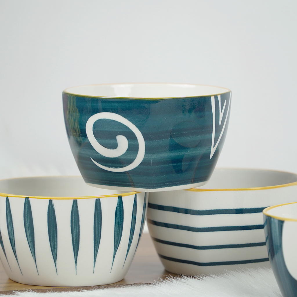 Modern Ceramic Bowl Set – Blue & White Designer Snack Bowls | Multipurpose Serving Bowls (Set of 4)
