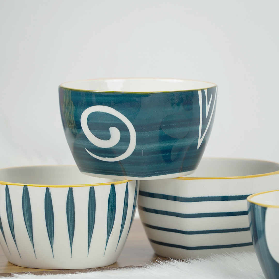 Modern Ceramic Bowl Set – Blue & White Designer Snack Bowls | Multipurpose Serving Bowls (Set of 4)
