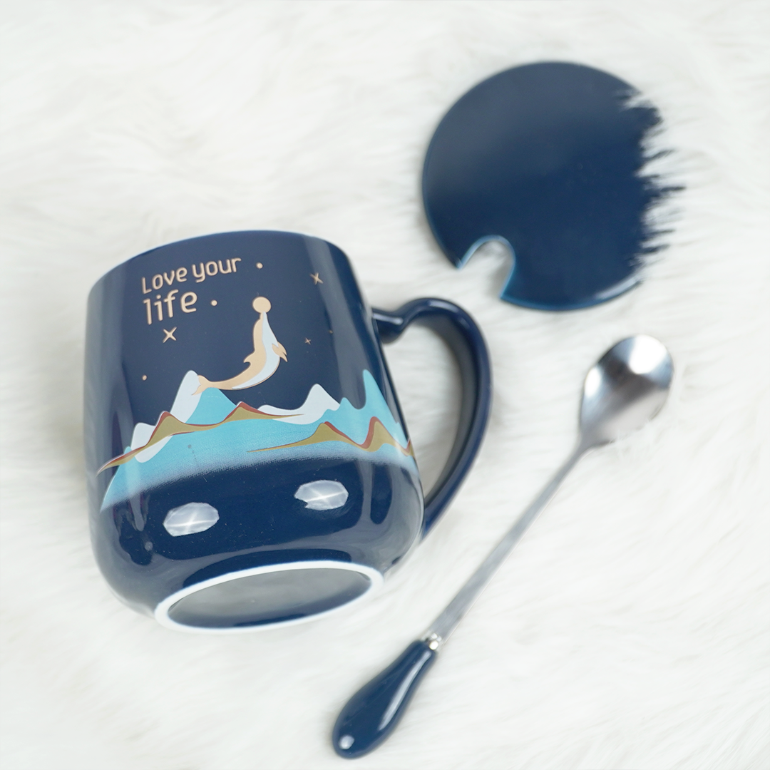 Love Your Life Ceramic Coffee Mug with Lid & Spoon | Aesthetic Tea & Coffee Mug Set | Inspirational Quote Mug | (Blue & Pink)