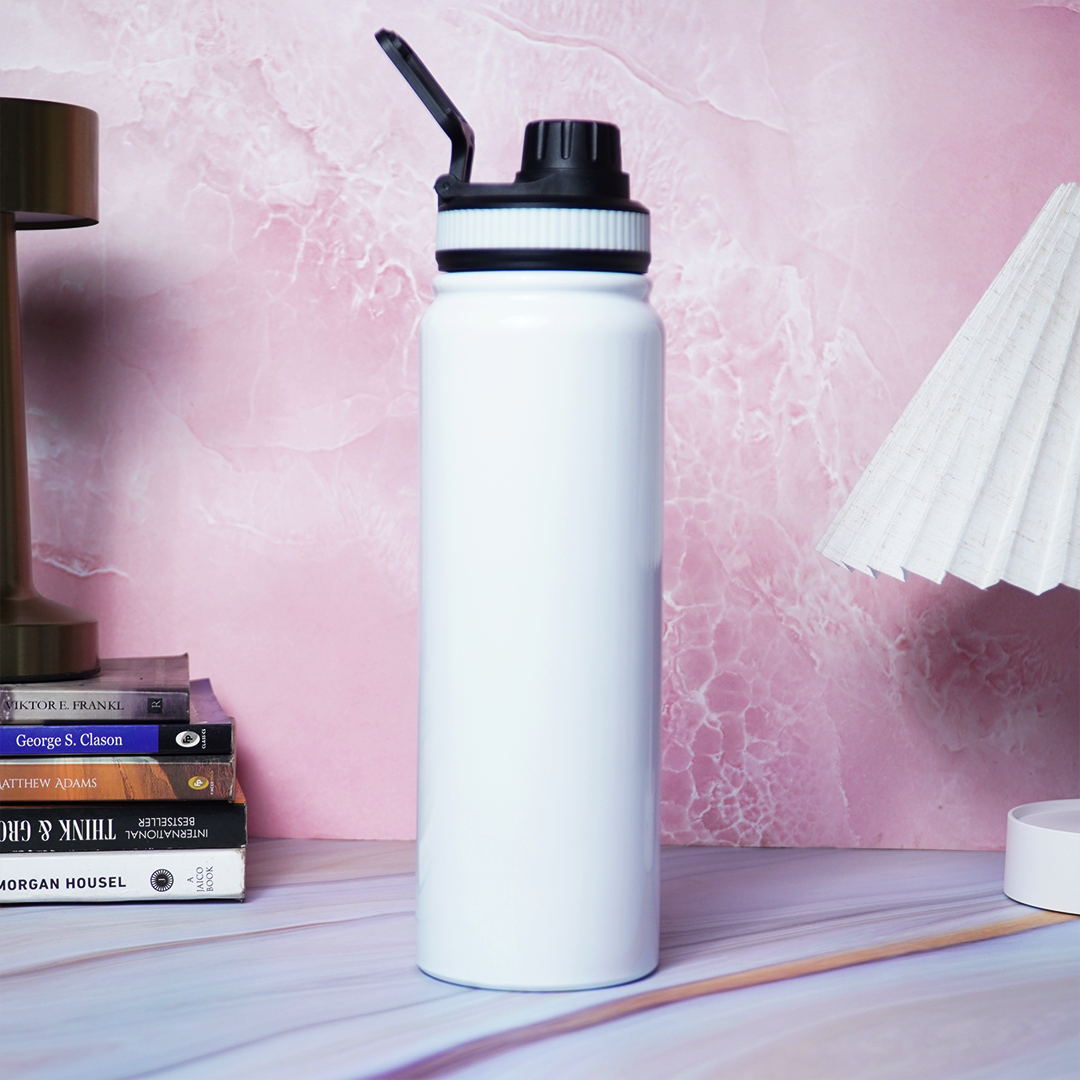 800ml Stainless Steel Water Bottle with Carry Handle | Leak-Proof Reusable Bottle | Travel, Gym & Office | White Finish