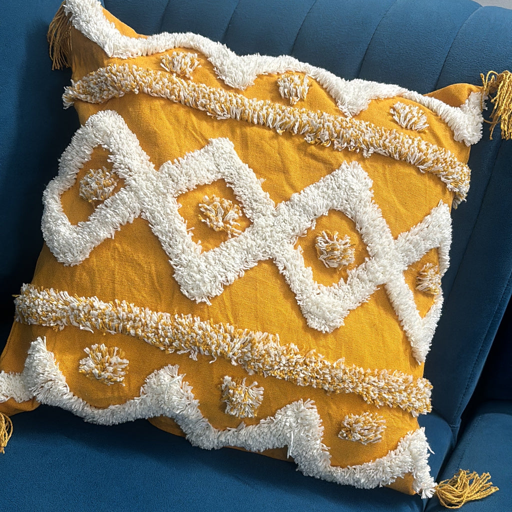 Mustard & Cream Boho Tufted Cushion Cover Set – Geometric Textured Decorative Throw Pillows Cover Set with Tassels for Sofa, Living Room & Bedroom (Pack of 2)