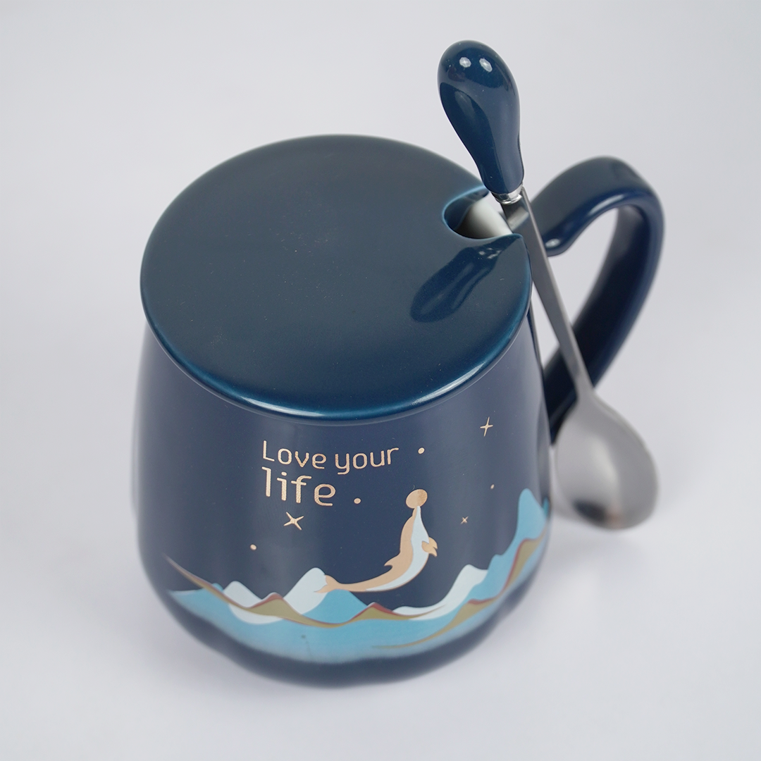 Love Your Life Ceramic Coffee Mug with Lid & Spoon | Aesthetic Tea & Coffee Mug Set | Inspirational Quote Mug | (Blue & Pink)