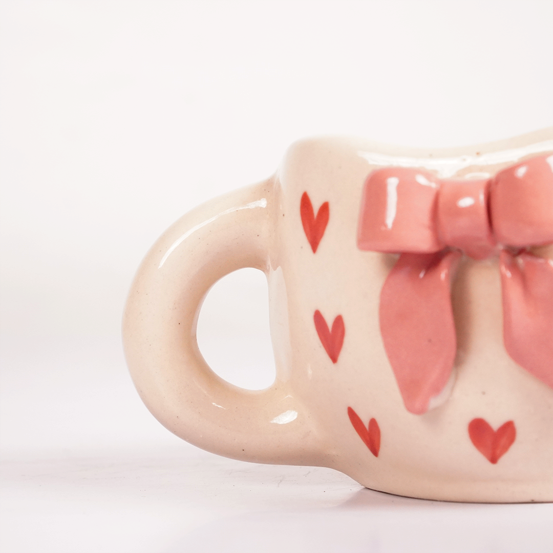 White Ceramic Heart Mug with 3D Pink Bow – Cute Aesthetic Coffee Cup for Tea & Coffee