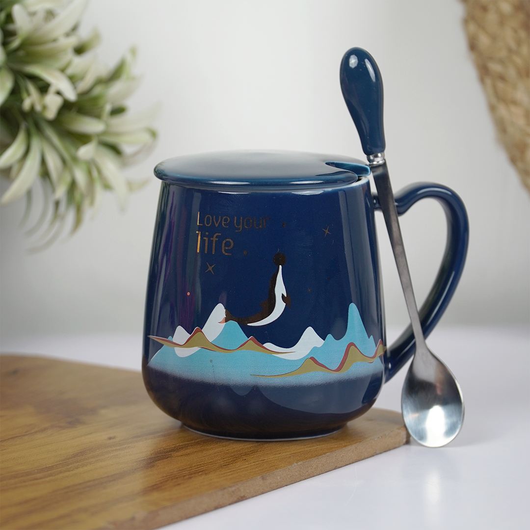 Love Your Life Ceramic Coffee Mug with Lid & Spoon | Aesthetic Tea & Coffee Mug Set | Inspirational Quote Mug | (Blue & Pink)