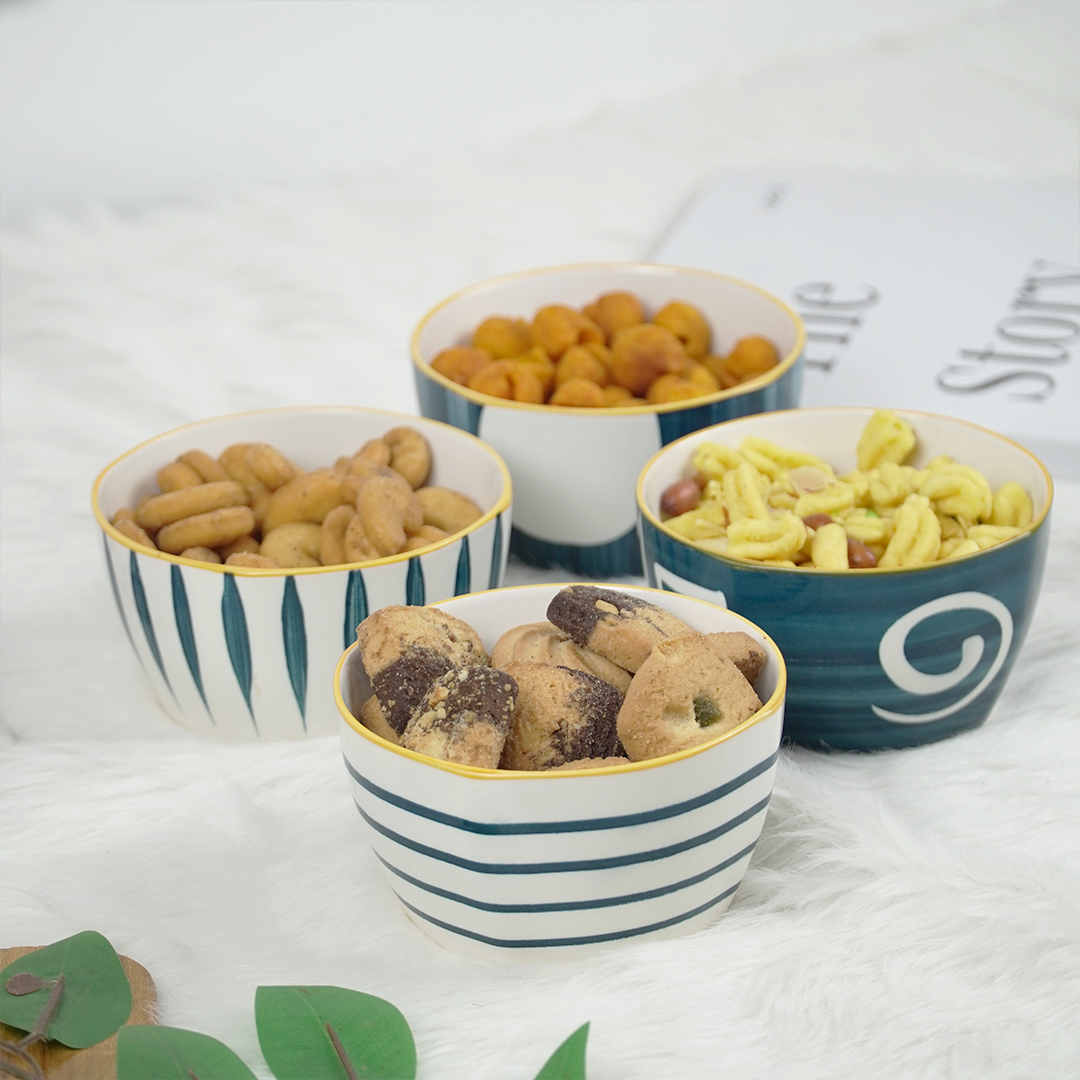 Modern Ceramic Bowl Set – Blue & White Designer Snack Bowls | Multipurpose Serving Bowls (Set of 4)