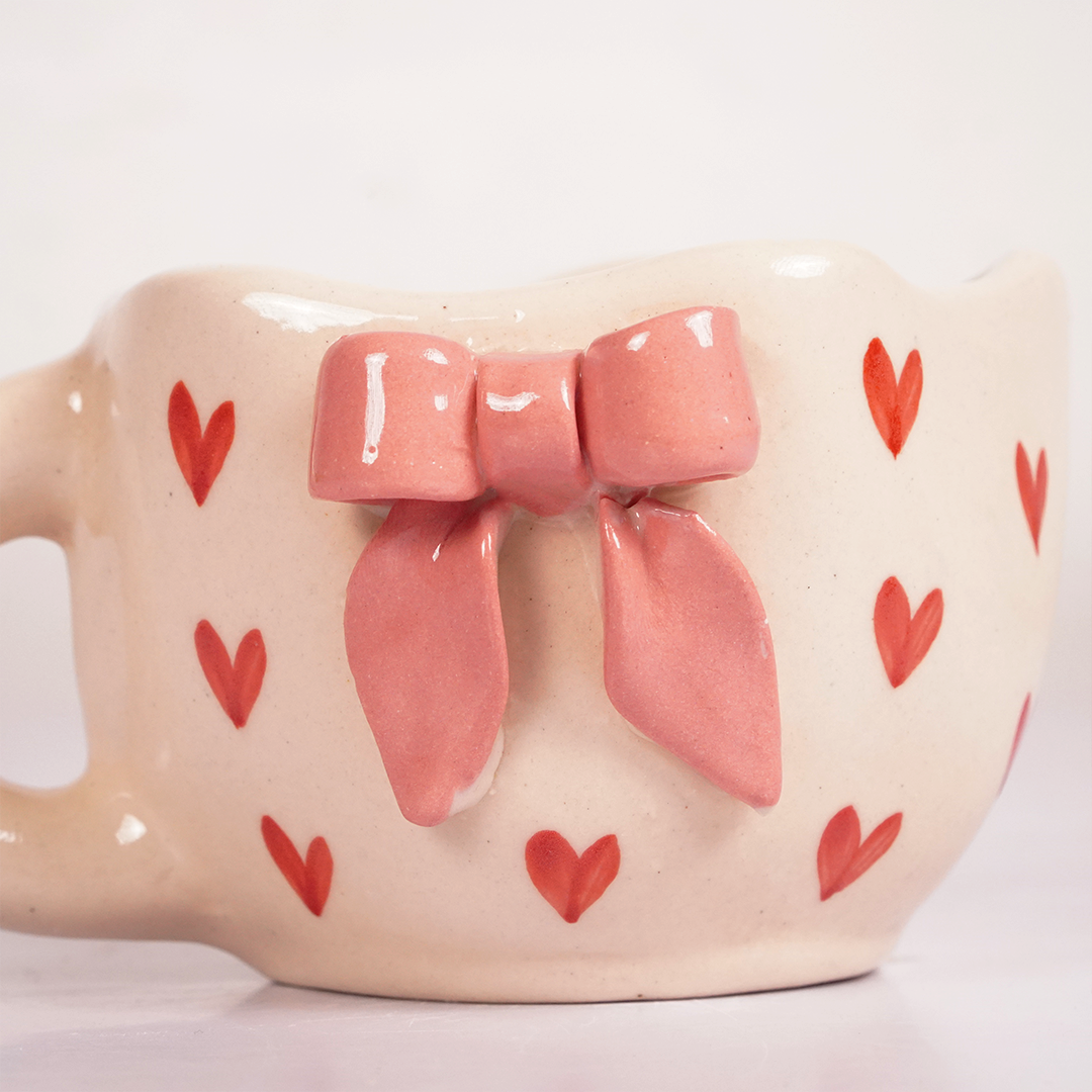 White Ceramic Heart Mug with 3D Pink Bow – Cute Aesthetic Coffee Cup for Tea & Coffee