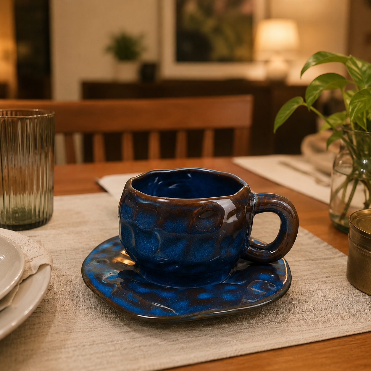 Midnight Blue Ceramic Coffee Cup & Saucer Set