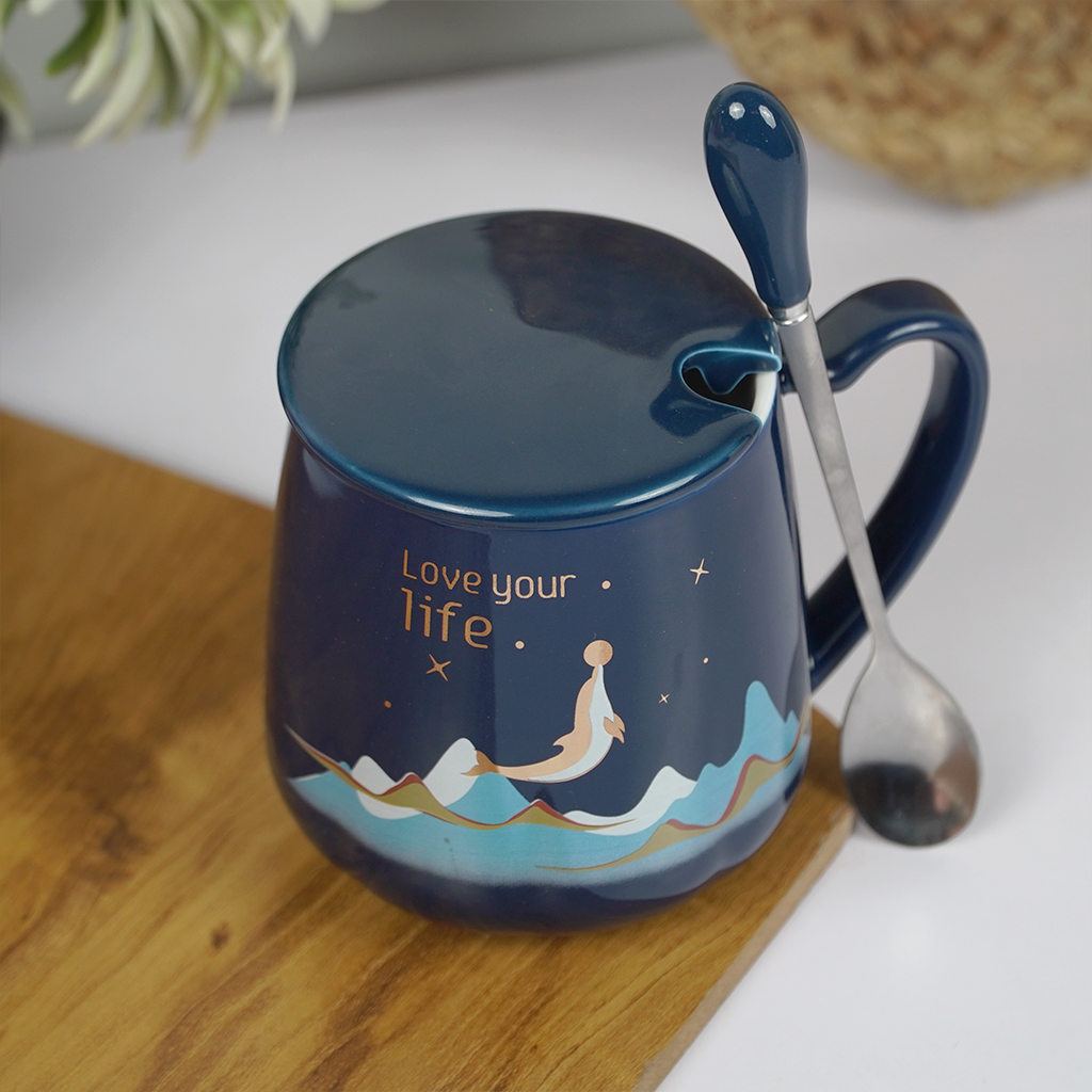 Love Your Life Ceramic Coffee Mug with Lid & Spoon | Aesthetic Tea & Coffee Mug Set | Inspirational Quote Mug | (Blue & Pink)