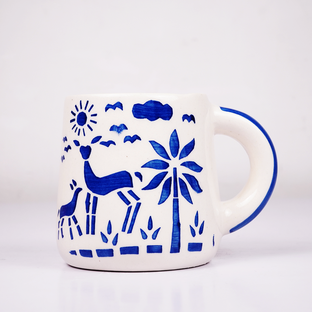 White Ceramic Coffee Mug with Blue Hand Painted Ocean & Nature Design