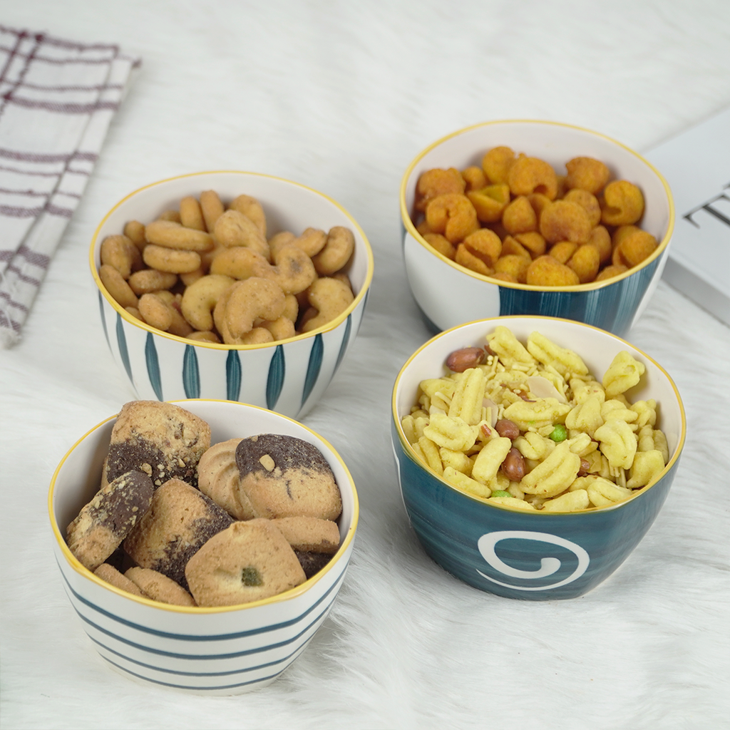 Modern Ceramic Bowl Set – Blue & White Designer Snack Bowls | Multipurpose Serving Bowls (Set of 4)