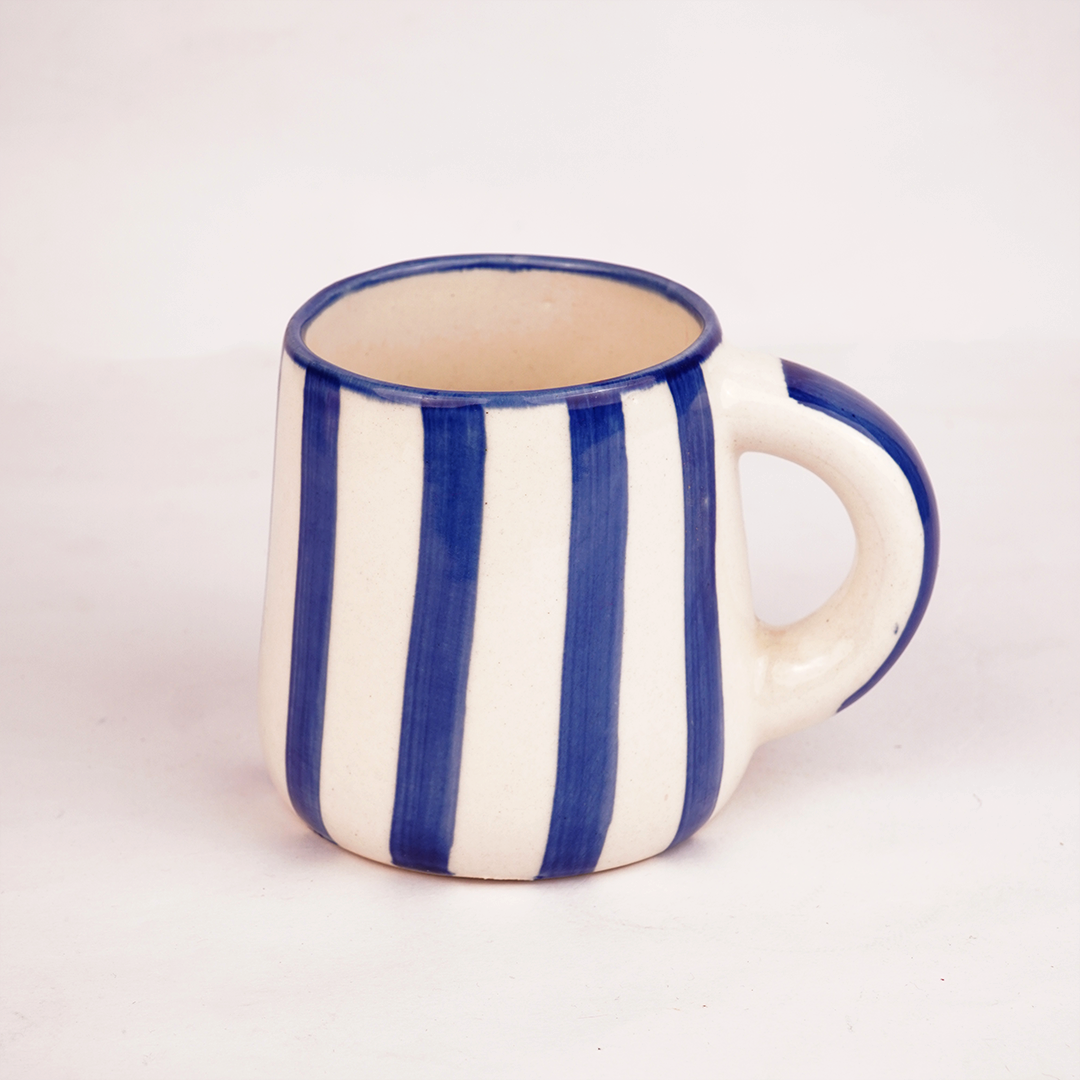 Blue & White Striped Ceramic Mug – Hand-Painted Style Coffee Cup for Tea, Coffee & Home