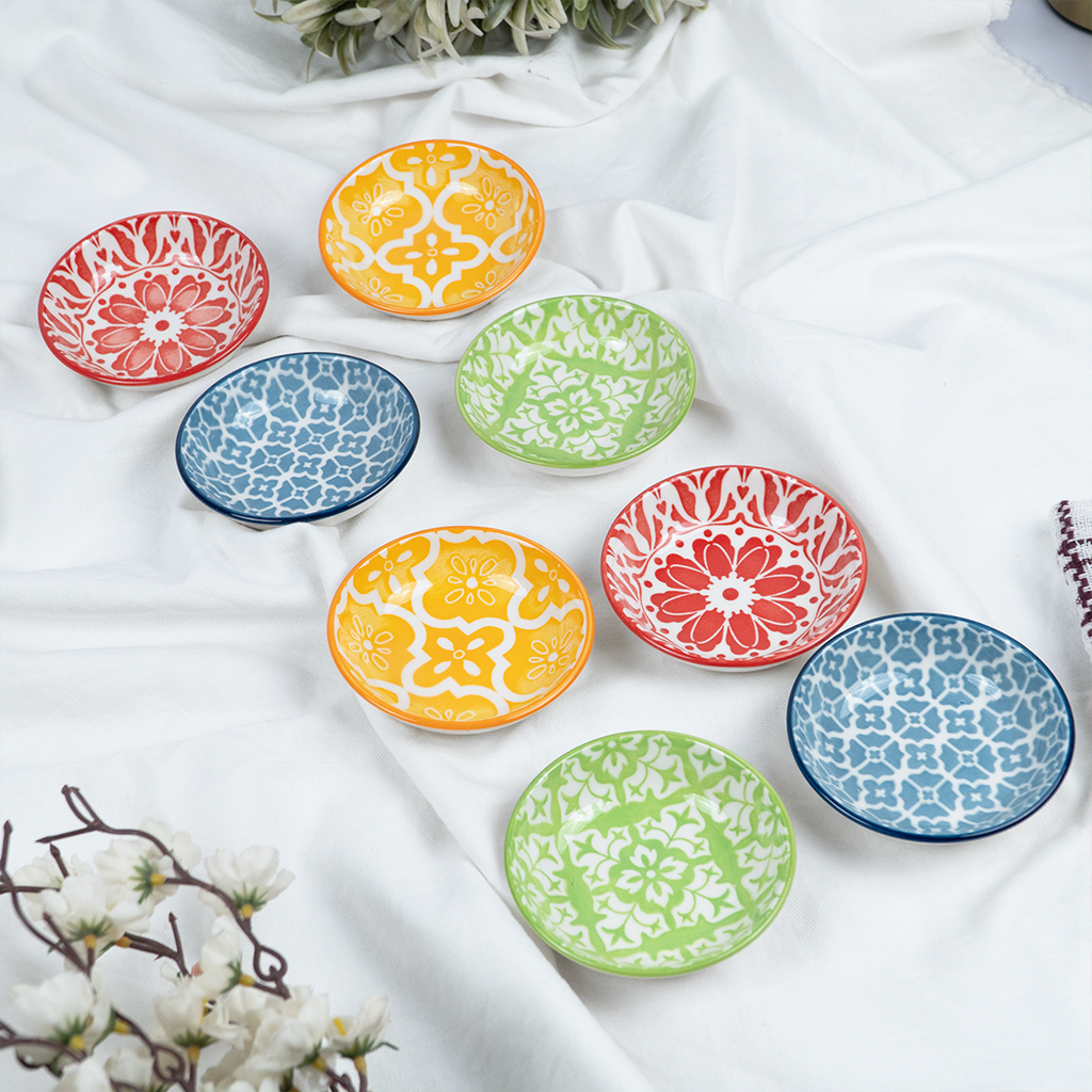 Set-8 Colorful Printed Ceramic Bowls Set | Multicolor Snack, Dip & Dessert Bowls for Kitchen & Dining