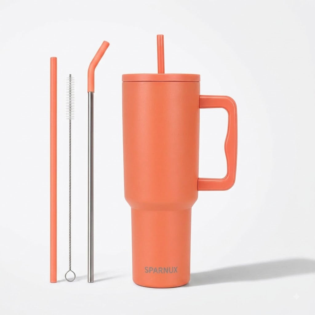 Premium Insulated Orange Color Tumbler with Handle & Straw