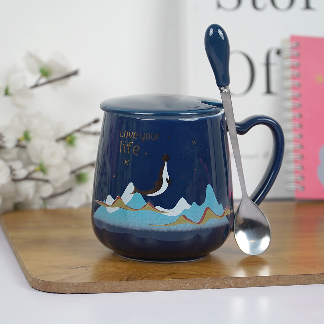 Love Your Life Ceramic Coffee Mug with Lid & Spoon | Aesthetic Tea & Coffee Mug Set | Inspirational Quote Mug | (Blue & Pink)