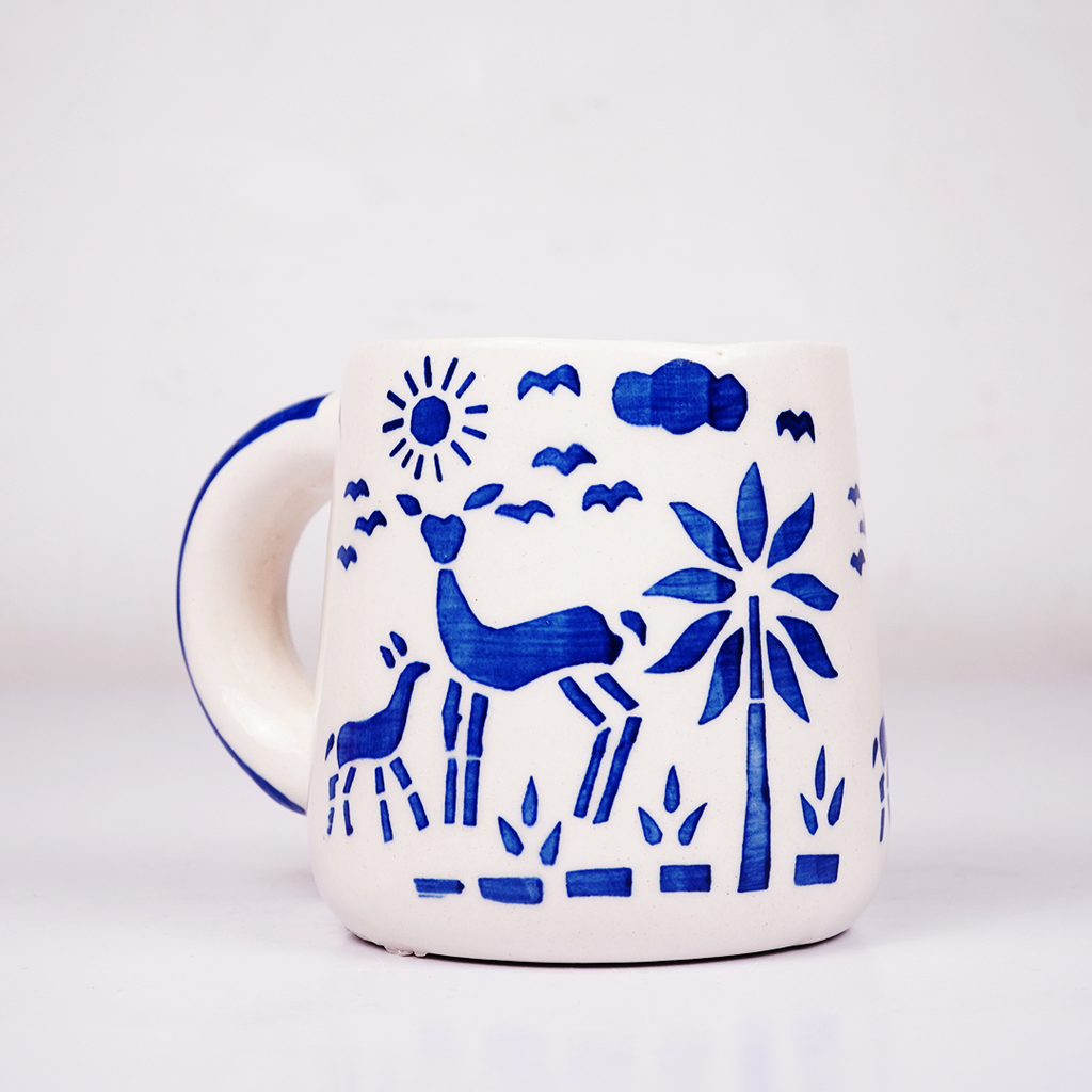 White Ceramic Coffee Mug with Blue Hand Painted Ocean & Nature Design
