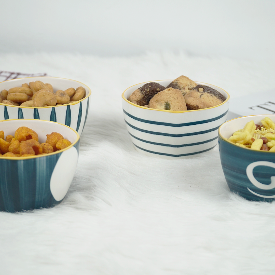 Modern Ceramic Bowl Set – Blue & White Designer Snack Bowls | Multipurpose Serving Bowls (Set of 4)