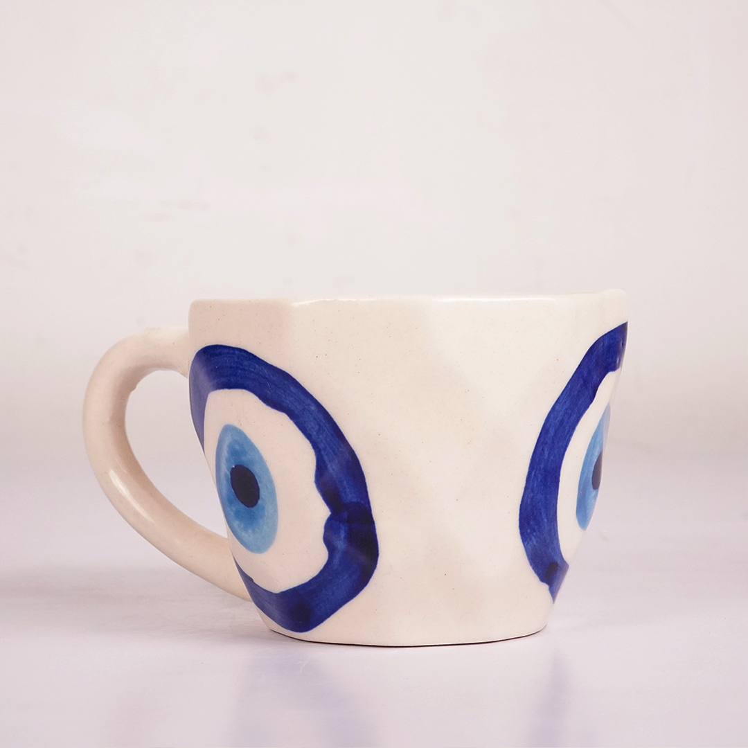 White Ceramic Cup & Saucer with Blue Evil Eye Design – Aesthetic Tea & Coffee Mug Set