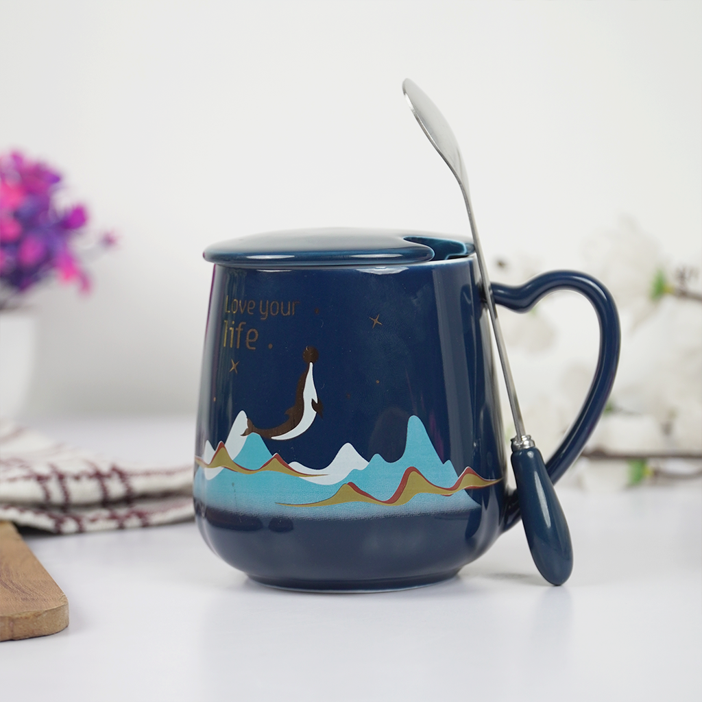 Love Your Life Ceramic Coffee Mug with Lid & Spoon | Aesthetic Tea & Coffee Mug Set | Inspirational Quote Mug | (Blue & Pink)