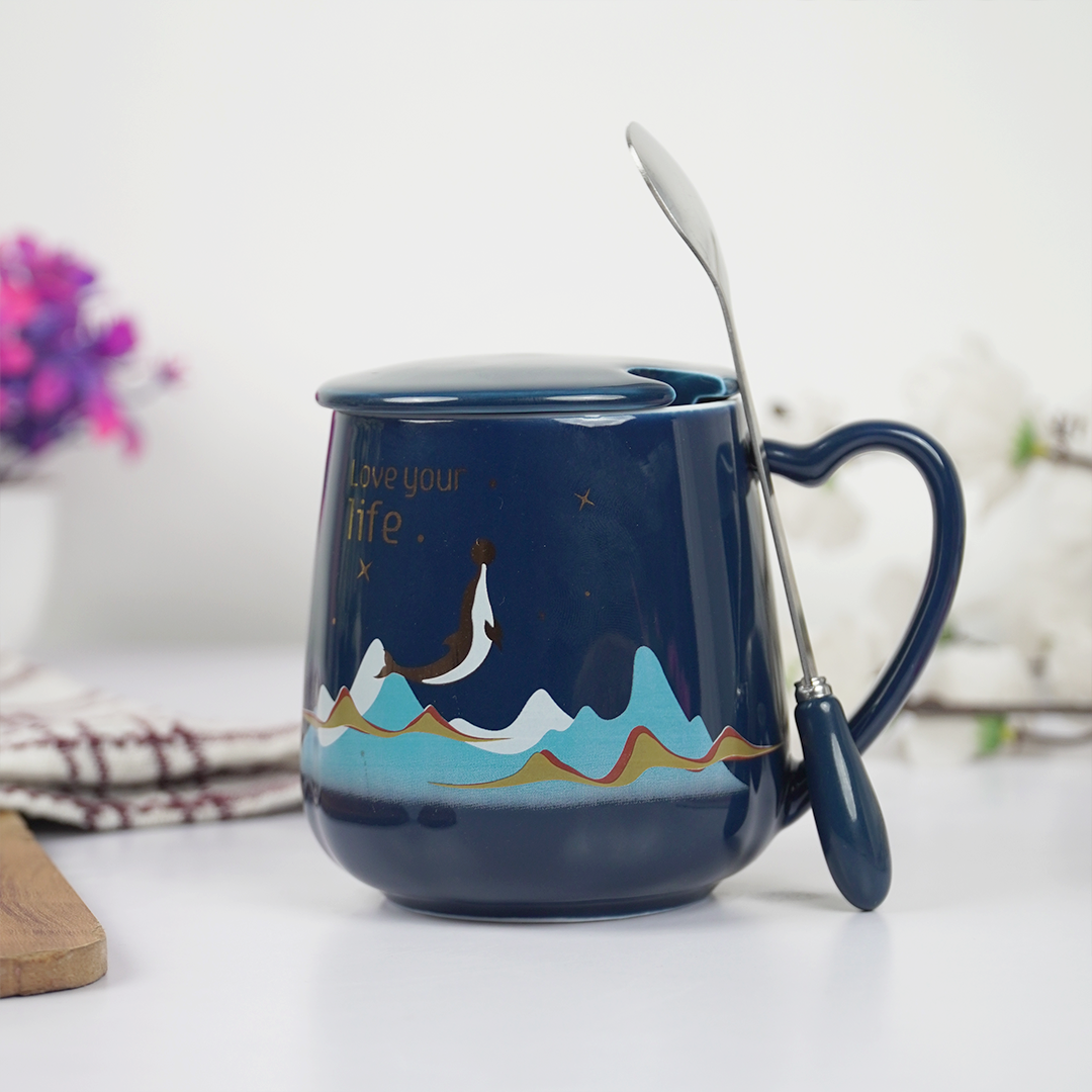 Love Your Life Ceramic Coffee Mug with Lid & Spoon | Aesthetic Tea & Coffee Mug Set | Inspirational Quote Mug | (Blue & Pink)