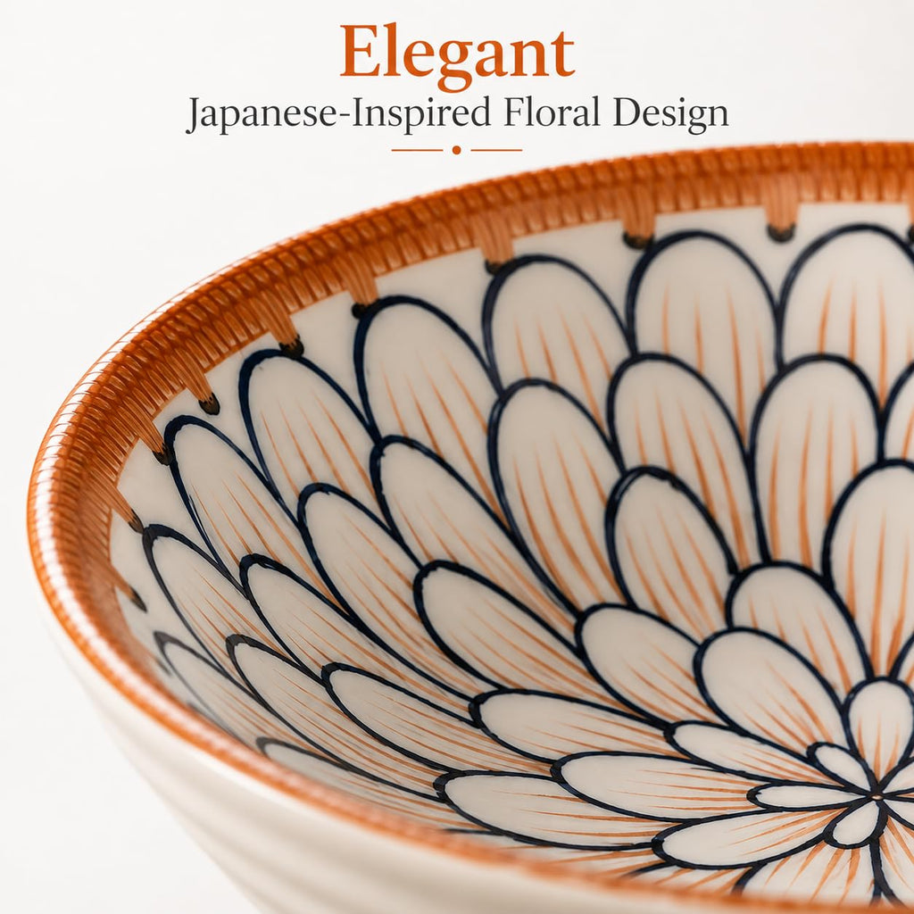 Blue & White Ceramic Bowl Set of 6 – Japanese Floral Pattern Serving & Snack Bowls