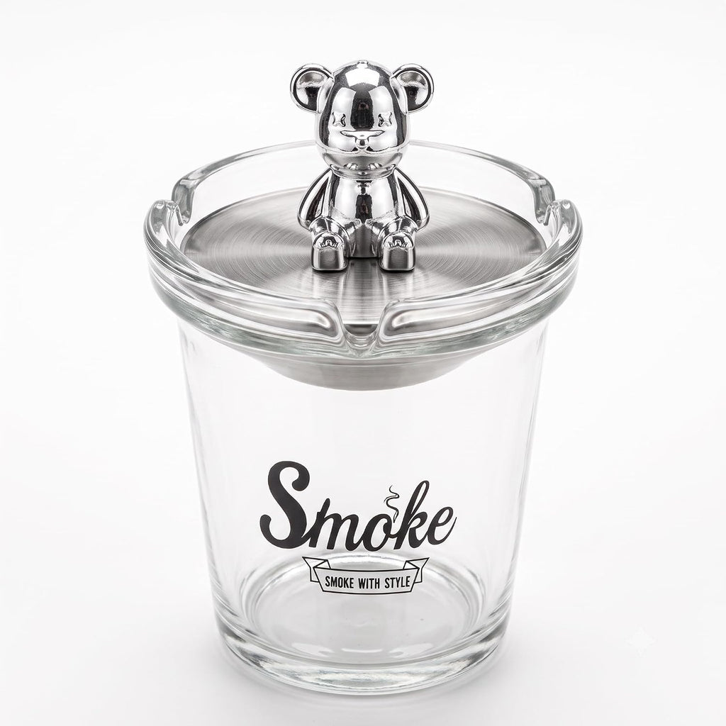 Glass Smoke Ashtray with Decorative Bear Lid – Premium Tabletop Ashtray