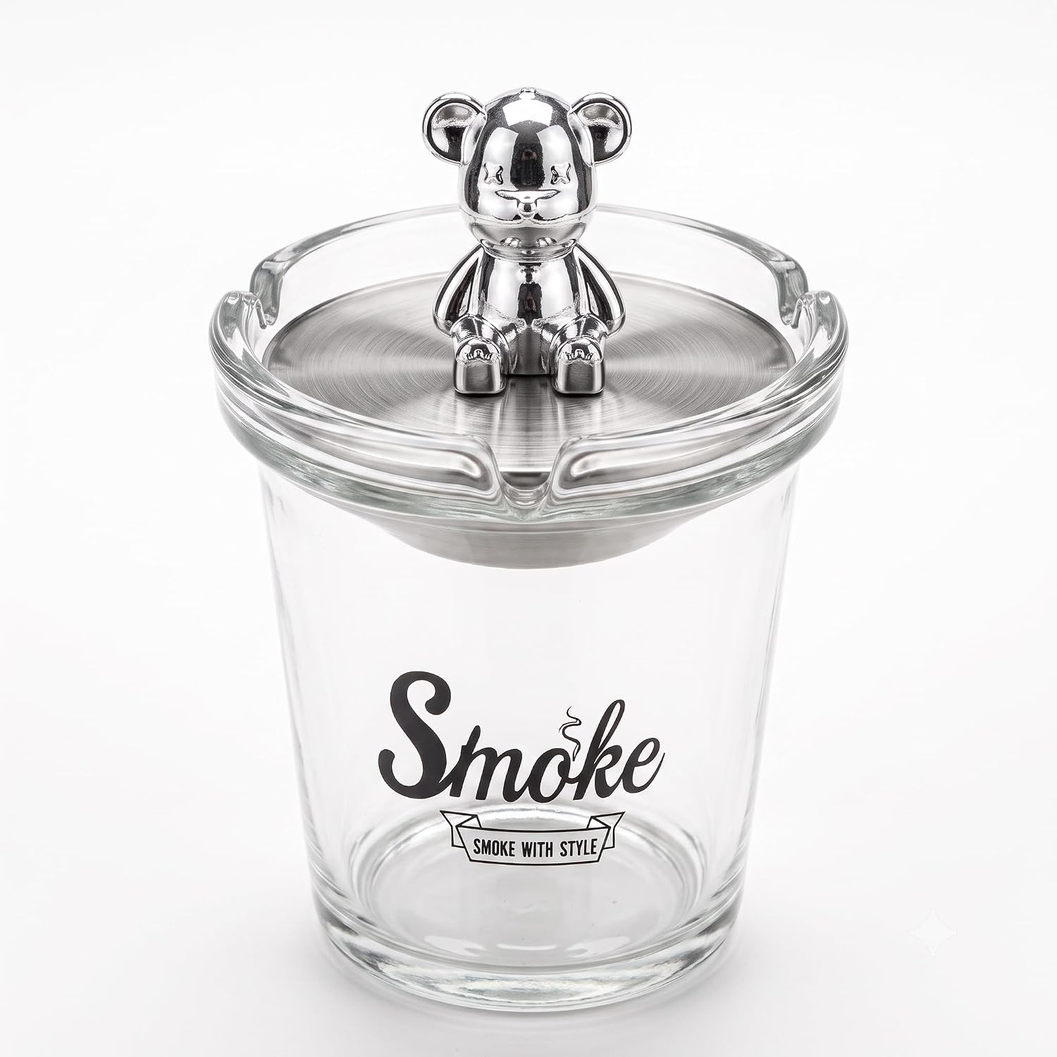 Glass Smoke Ashtray with Decorative Bear Lid – Premium Tabletop Ashtray