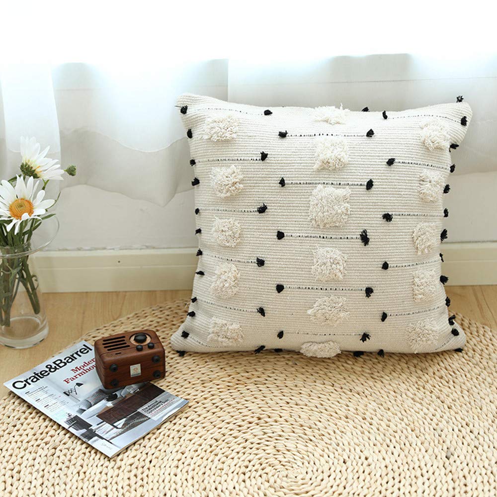 Boho Cream & Black Tufted Cushion Cover Set – Textured Decorative Throw Pillows Cover Set with Tassels for Sofa, Living Room & Bedroom (Pack of 2)
