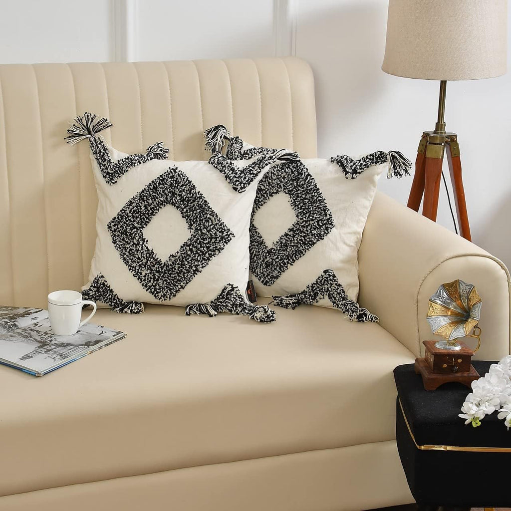 Black & White Tufted Diamond Cushion Cover Set – Boho Decorative Throw Pillow Cover Set Covers with Tassels for Sofa, Living Room & Bedroom (Pack of 2)