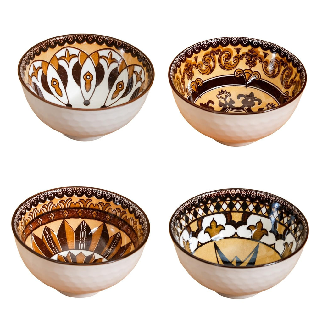 Hand-Painted Style Ceramic Bowl Set of 4 – Moroccan Inspired Decorative Serving & Snack Bowls