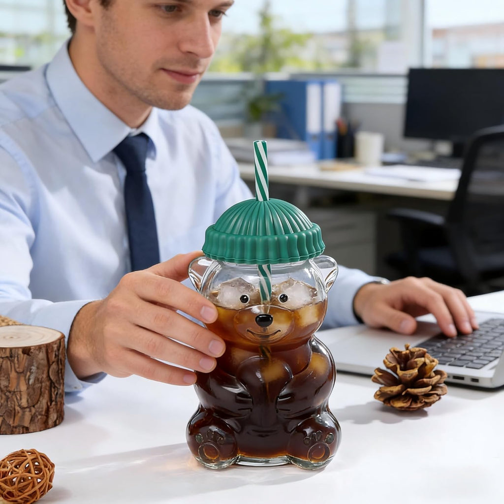Bear Shape Glass Cup with Straw | Cute Glass Tumbler for Kids, Milk & Cold Drinks